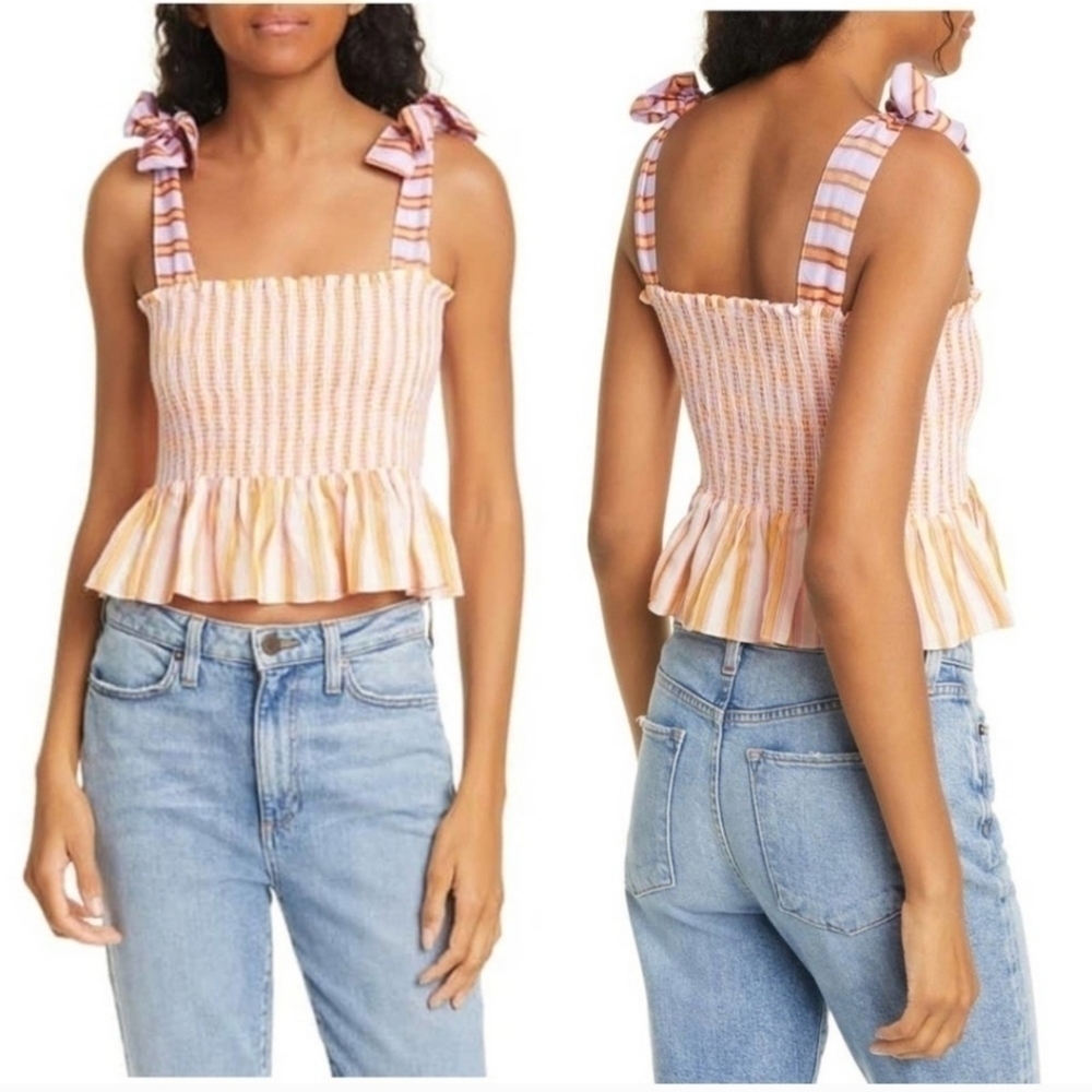 Anthro Dola Chan Mix Stripe Smocked Top In Tahitian Sun Stripe - Tie Strap Sz L